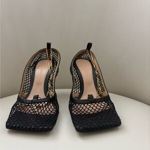 Bottega Veneta Black Mesh Heels with Gold Chain